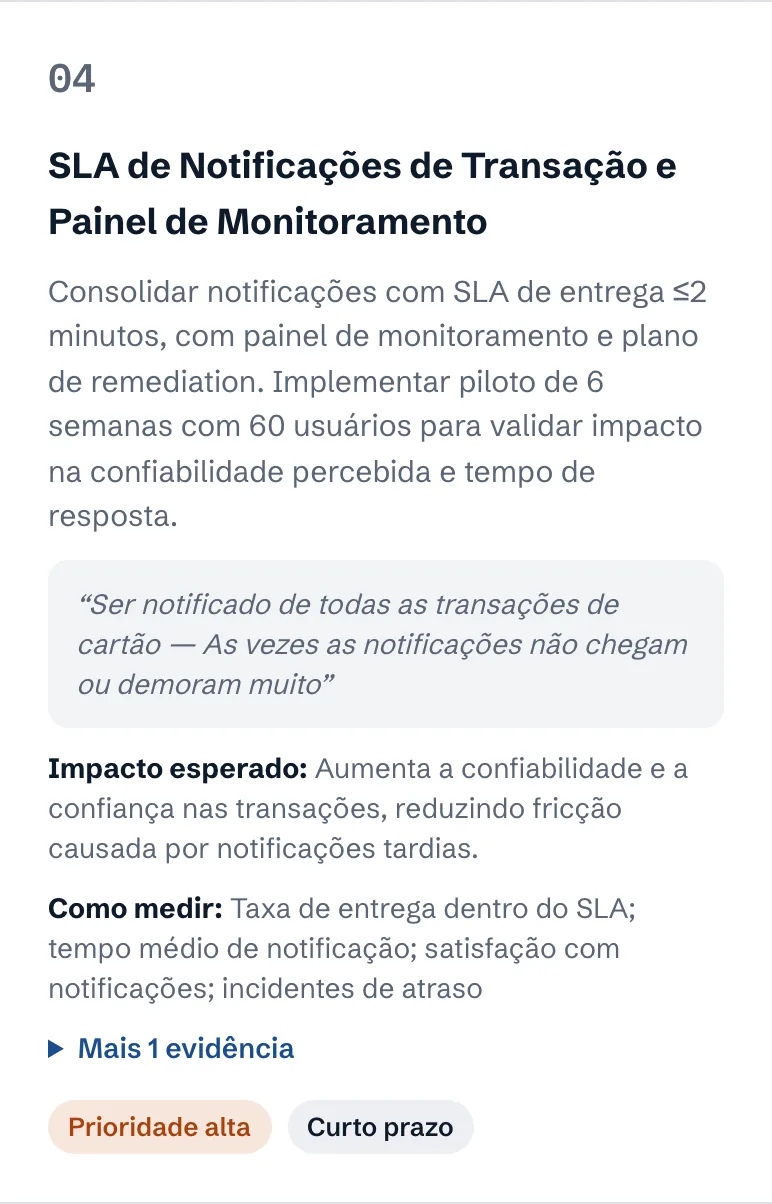 Uma ação recomendada com a citação do cliente que a justifica, prioridade e prazo