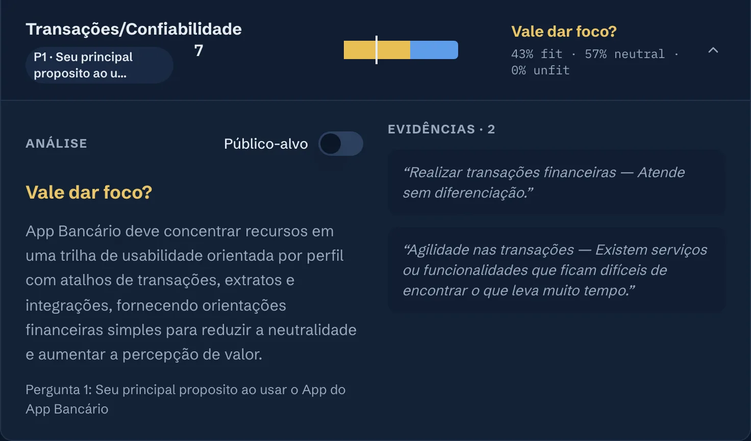 Propósito Transações/Confiabilidade aberto, com a análise da IA e duas citações de clientes como evidência