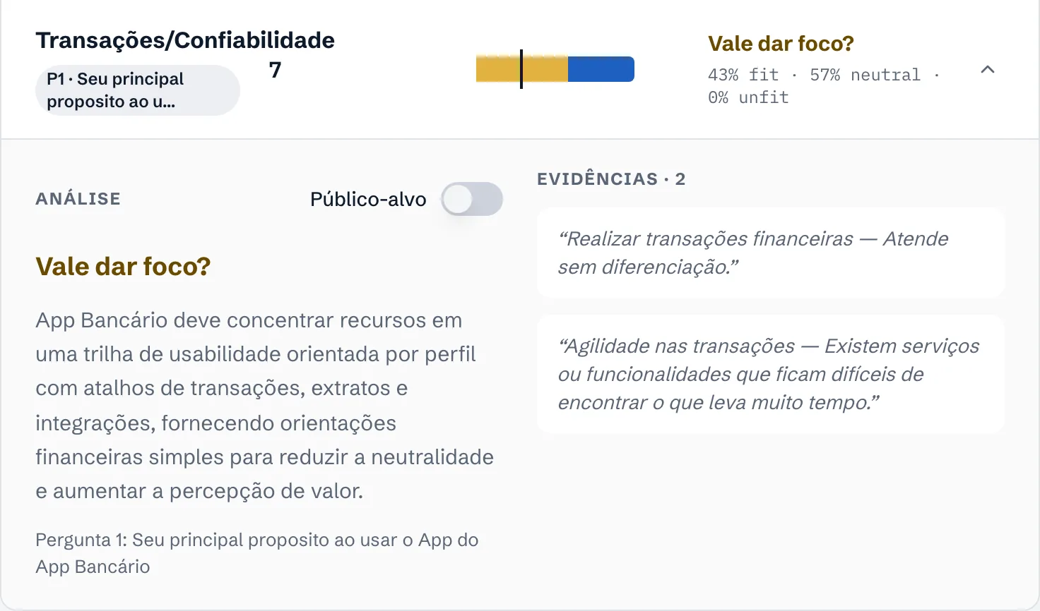 Propósito Transações/Confiabilidade aberto, com a análise da IA e duas citações de clientes como evidência